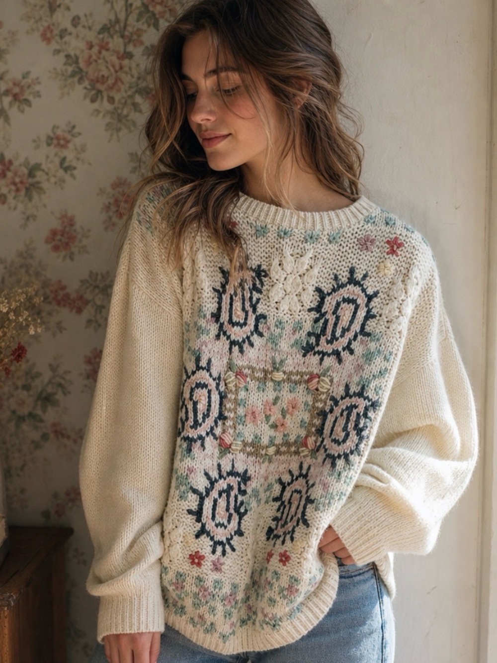 Vintage Granny Chic Hand Knit Sweater Floral and paisley
